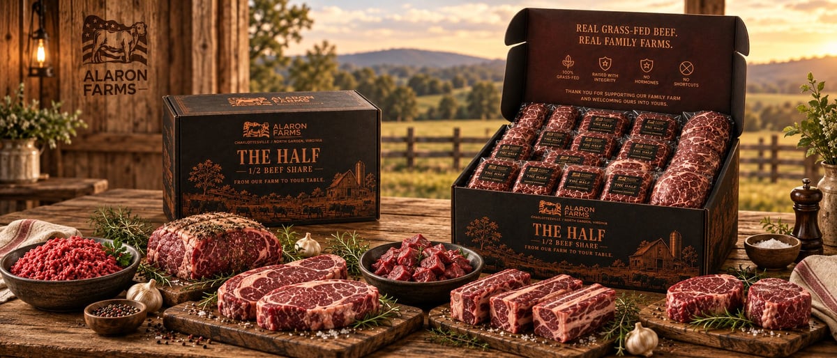 The Half — premium Alaron Farms beef display featuring raw steaks and ground meat arranged with The Half branded boxes and rustic ranch scenery