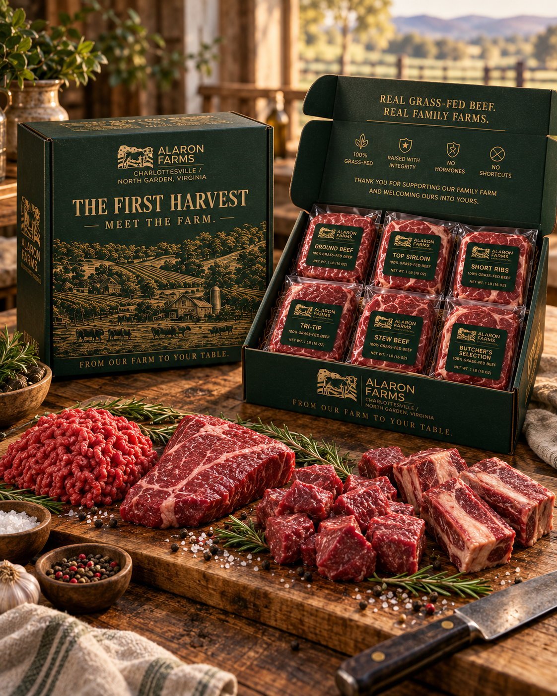Premium grass-fed beef gift box from Algarve Farms with various cuts of raw meat arranged on a wooden board with rosemary and peppercorns
