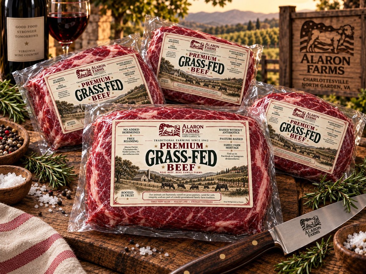 Premium grass-fed beef packages displayed on a wooden board with wine, herbs and vineyard scenery in the background