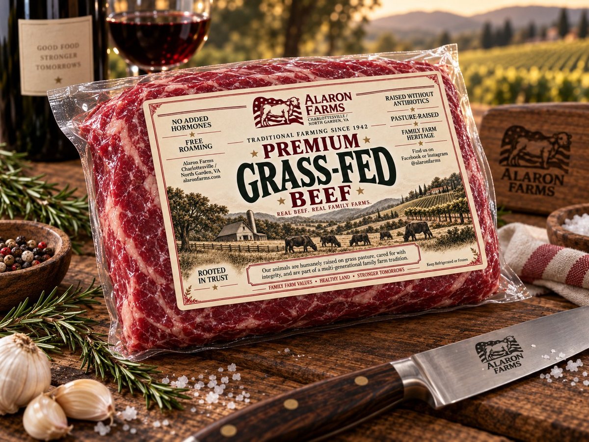Package of Alaron Farms premium grass-fed beef on a wooden cutting board with fresh herbs, garlic and a wine glass in a vineyard setting