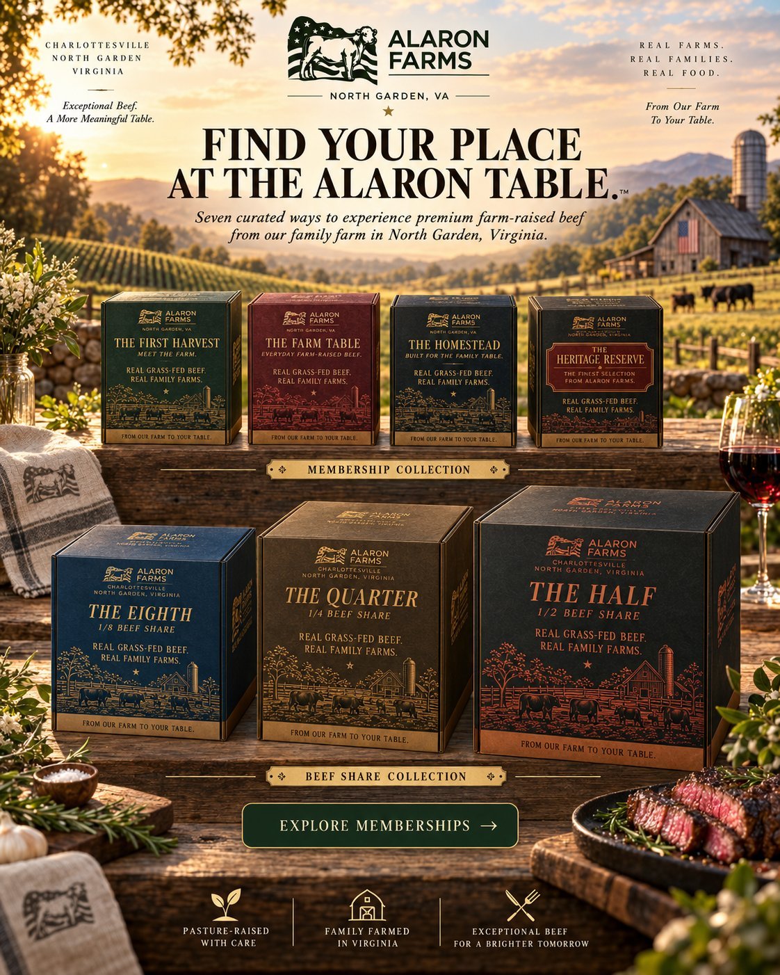 Alaron Farms beef product boxes displayed on wooden table with pastoral farm landscape background