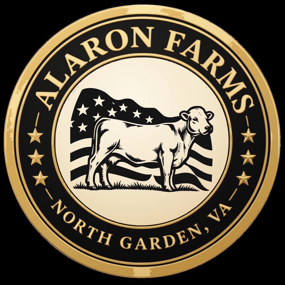 Alaron Farms logo featuring a cow with American flag background, gold and black circular seal from North Garden, VA
