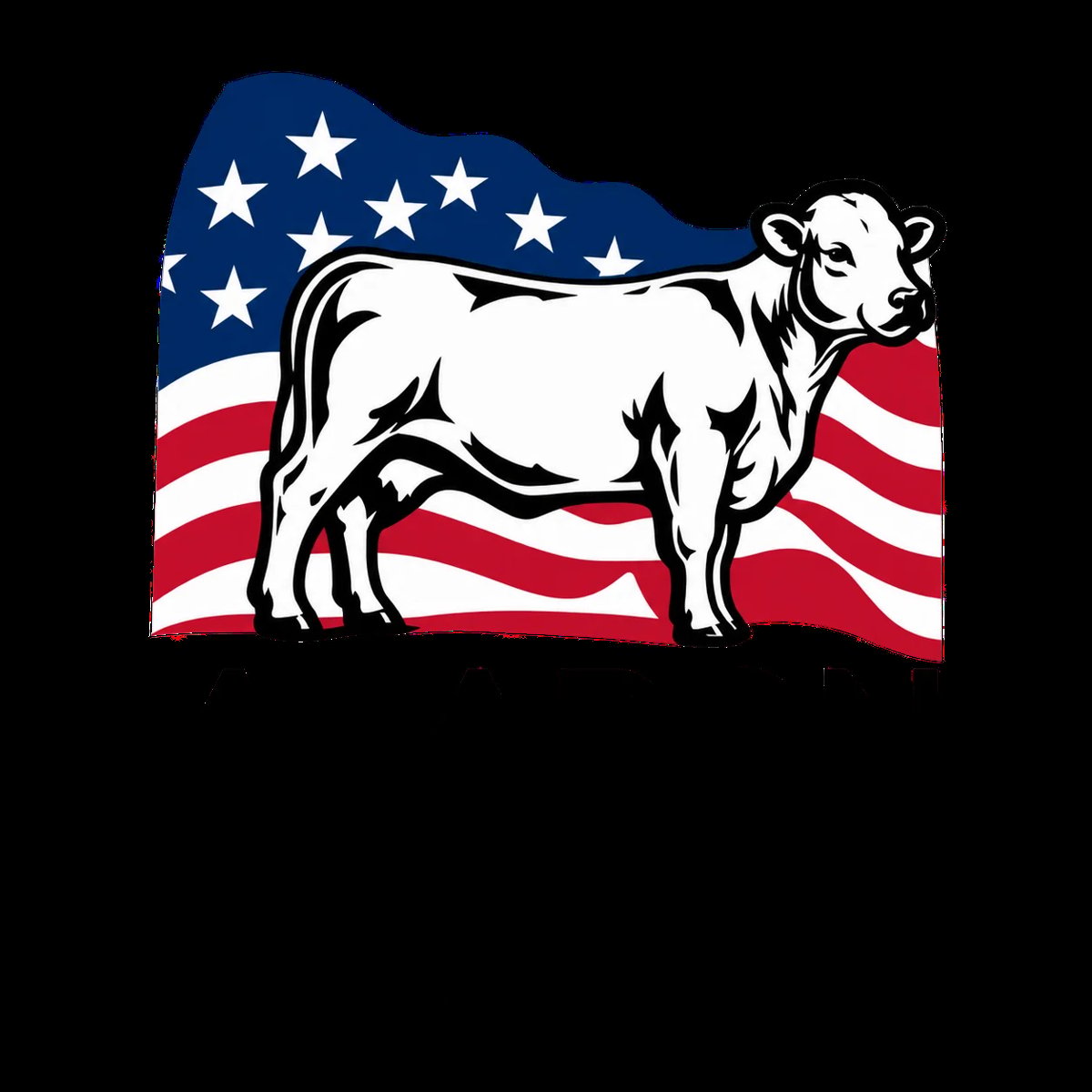 Alaron Farms logo — white cow illustration overlaid on a wavy American flag with stars and stripes